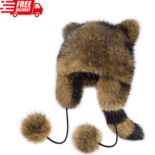 Raccoon Hat with Tail for Women Men Faux Fur Coonskin Raccoon Tail Hunting Hat