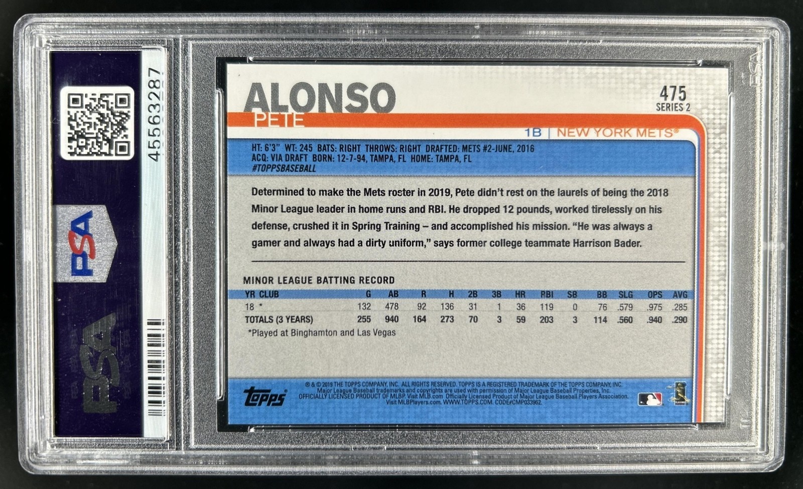 2019 Topps Pete Alonso RC Rookie #475 Mets PSA 10 GEM MINT view 2