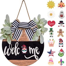 Interchangeable Seasonal Welcome Sign Front Door Decoration Rustic Round Wood...