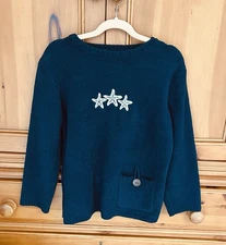 Lulu-B Starfish Sweater Size S Navy Blue Soft Chenille Pocket Beach Nautical