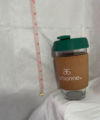 ARBONNE glass Cork hand mug travel lid silicone closes 6.5''