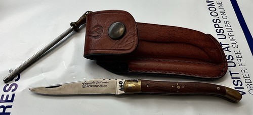 Vintage French Laguiole Folding Pocket Knife With Leather Sheath And Sharpener