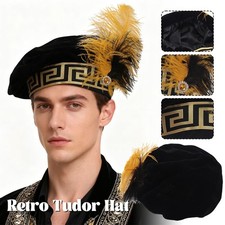   Unisex Medieval Tudor Hat with Feather Vintage Style Cosplay Costume Accessory.