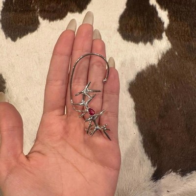 Silver Tone Barbed Thorn Ear Cuff   Red Crystal Accent, Gothic Punk Ear Wrap