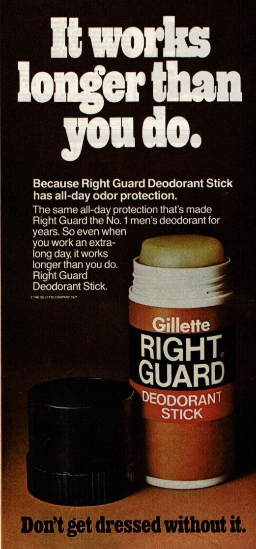 1977 Vintage Print Ad It Works Longer Than You Do Gillette Right Guard Deodorant