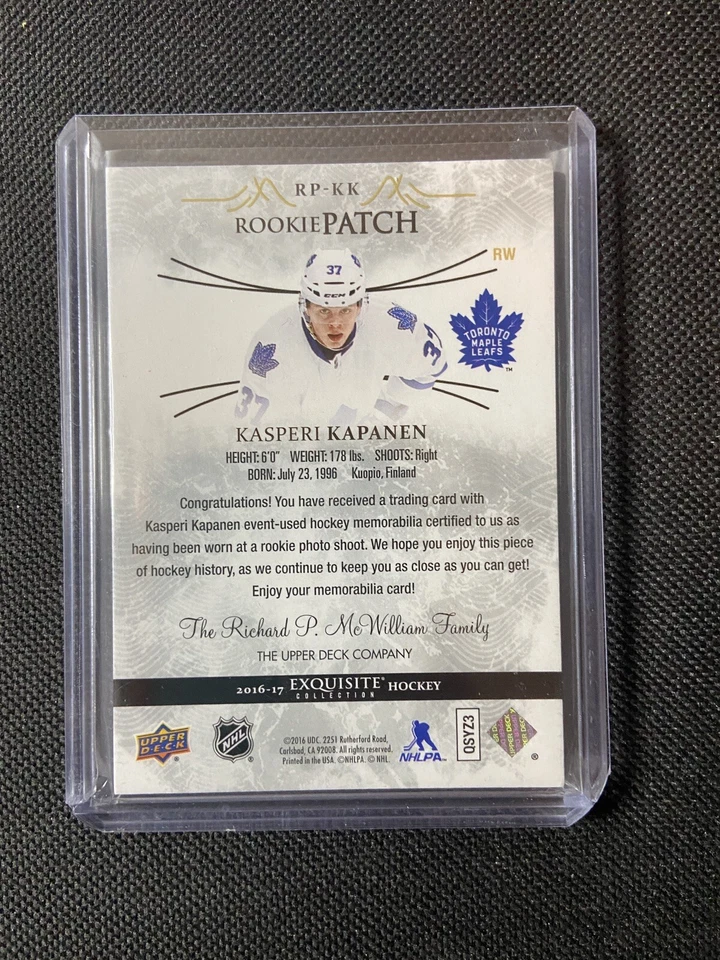 Kasperi Kapanen 2016-17 Upper Deck Exquisite Collection Rookie Patch /299 #RP-KK - Image 3 of 3