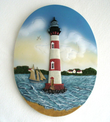 New~CHARLESTON~SC~Lighthouse~MORRIS ISLAND~Hand Painted~OVAL~7 3/4''~Plaque