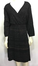 Lane Bryant 18/20 Black Gold Metallic Cotton V-Neck Dress 3/4 Sleeve NEW 89