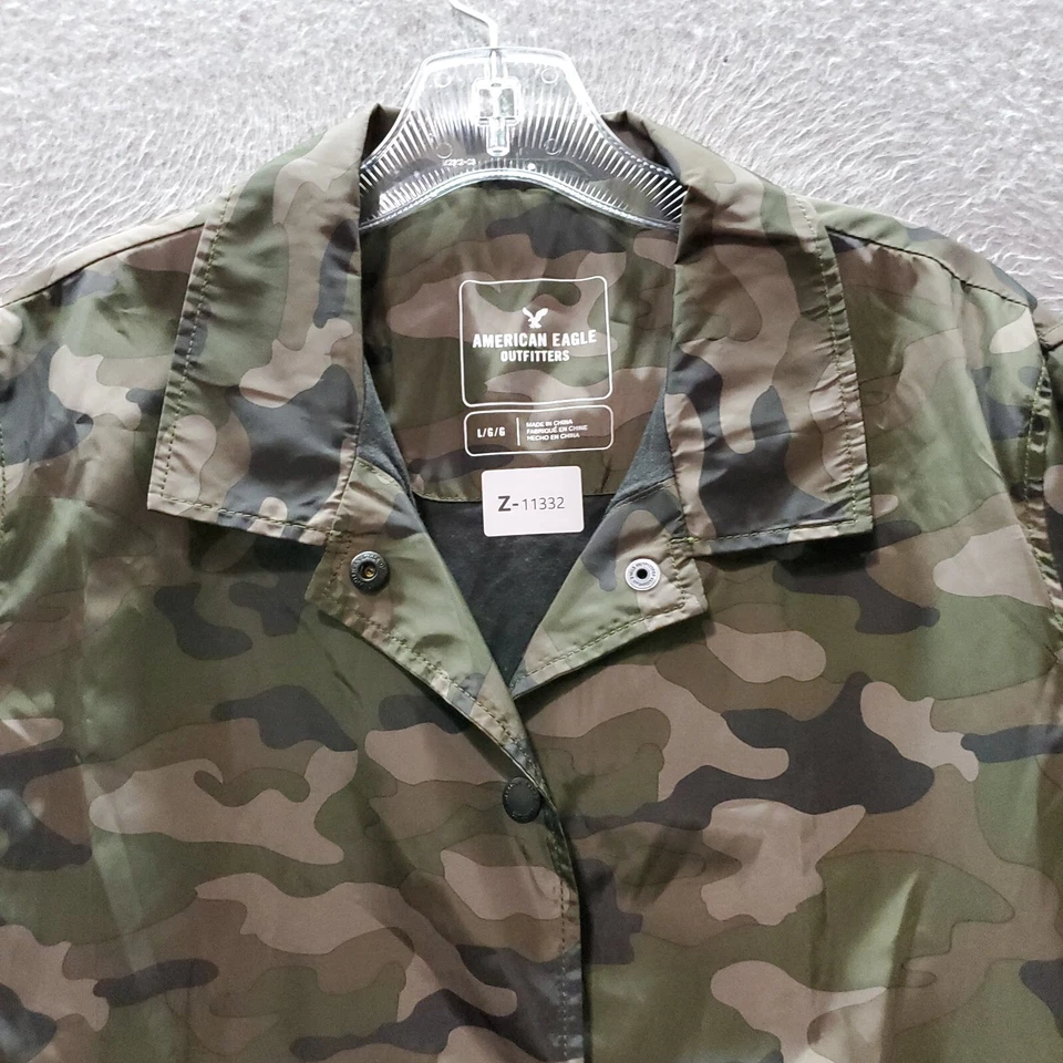 Chaqueta cortavientos American Eagle para mujer grande verde camuflaje cuello a presión bolsillos Foto 3 de 4