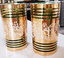 Cocktail Juice Glasses Gold Green with Raised Floral Pattern Set of 2 Korea