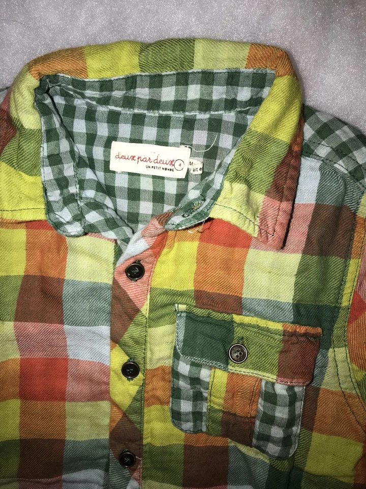 Camisa Deux par Deux Niños a Cuadros Forrada Talla 4 Verde Naranja Amarillo Azul Cuadros Foto 2 de 4