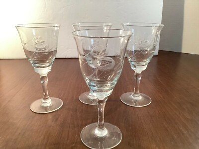Set of 4 Vintage Stemmed Cordial Liqueur Elegant Glass Barware Etched Floral 5''
