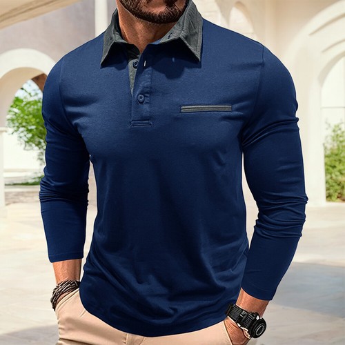 Men's Long Sleeve Turn Down Collar T Shirt Casual Slim Fit Button Pullover Tops - Picture 28 of 29