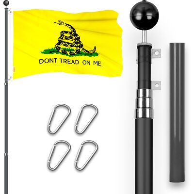 16 Ft Telescoping Flagpole Black & Gadsden Don't Tread On Me Flag 3x5 Ft Emb