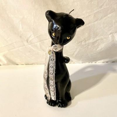 Vintage Black Cat Candle 10  Wax Figurine w/ Bell & Bow- Lots Of Nicks & Scuffs