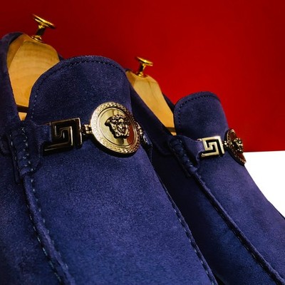 Gianni Versace designer blue suede slip on shoes US 8 Versace Giuliano Suede Loafers In Light Blue | ModeSens main image 4