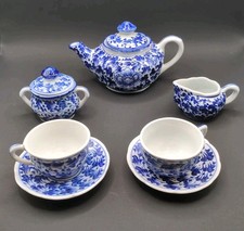 Blue and White Porcelain Miniature or Child's 9 Piece Tea Set Thailand EUC