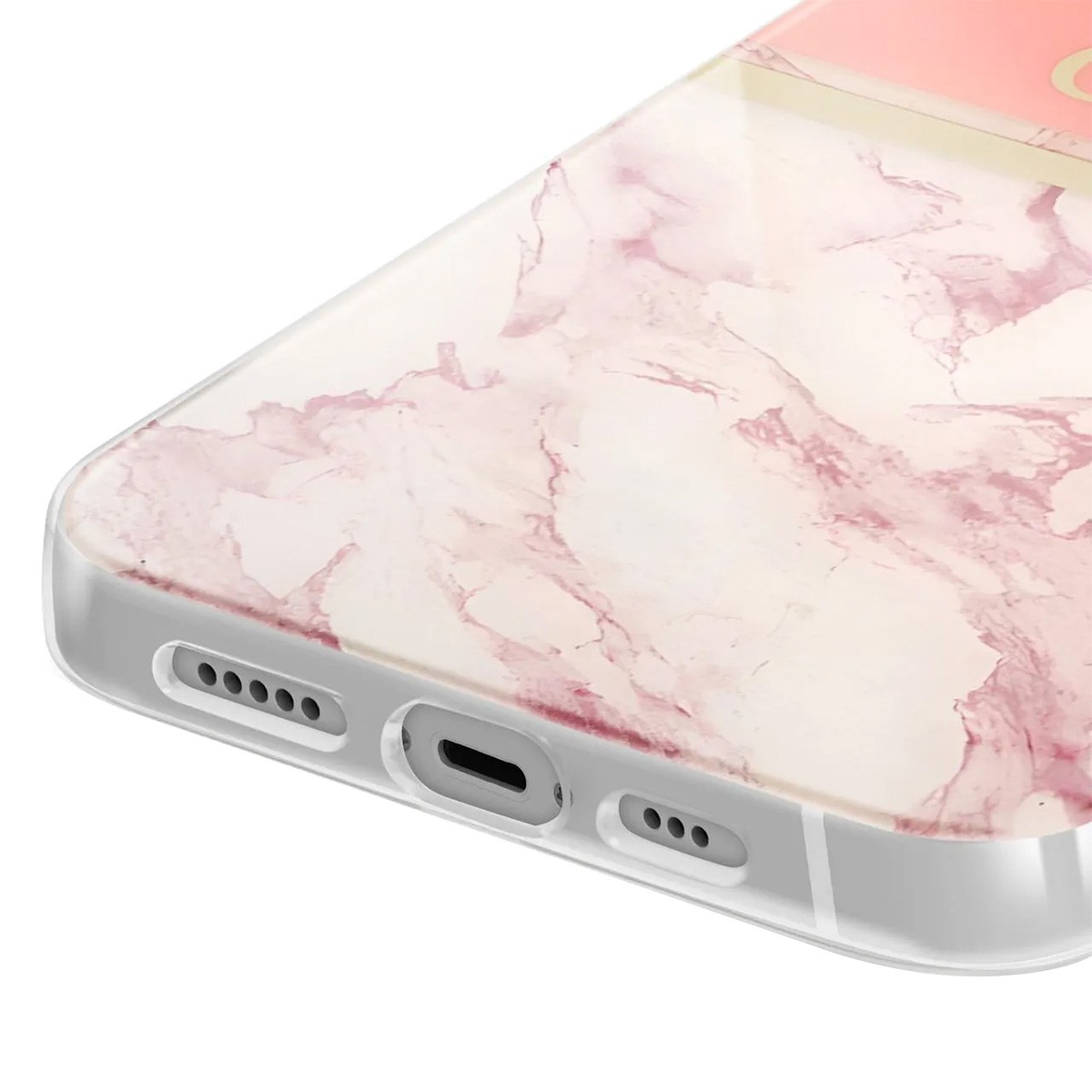 Coque iPhone 13 Pro Guess antichoc marbre rose avec cordon de transport