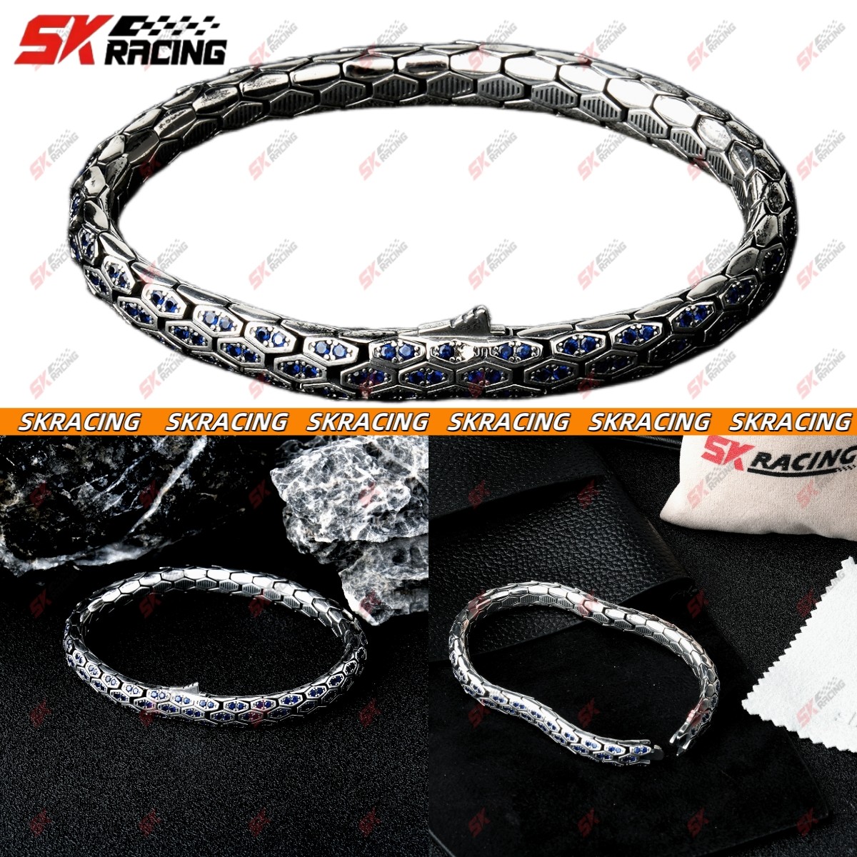S925 Sterling Silver Chain Men's Heavy Curb Link Blue Stone Snake Bracelet