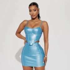 Fashion Nova Teal Doll Faux Leather 2 Piece Skirt Set Size S