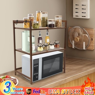 2-Tier Kitchen Storage Rack Microwave Stand With 4 Hooks Bamboo Organiser Shelf