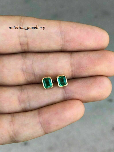 2.50 CT Emerald Cut Lab Created Emerald Stud Earrings 14K Yellow Gold Plated - Picture 3 of 5