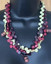 Statement Twist Necklace One Button Wood Disc Bead Multi Strand 981 Purple/Green