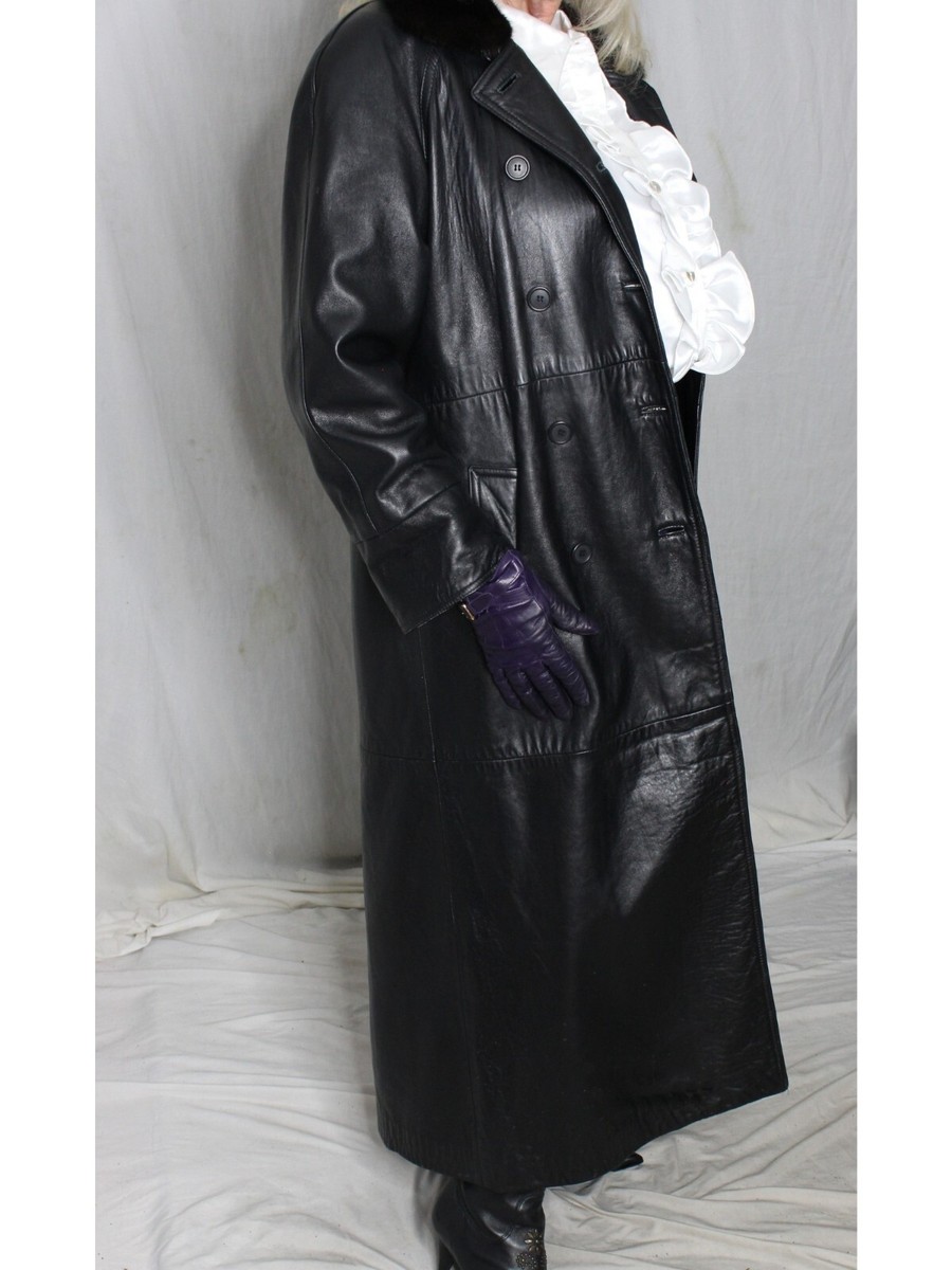 Womens Leather Coat M Black Long Trench SOFT Lambskin Real Fur