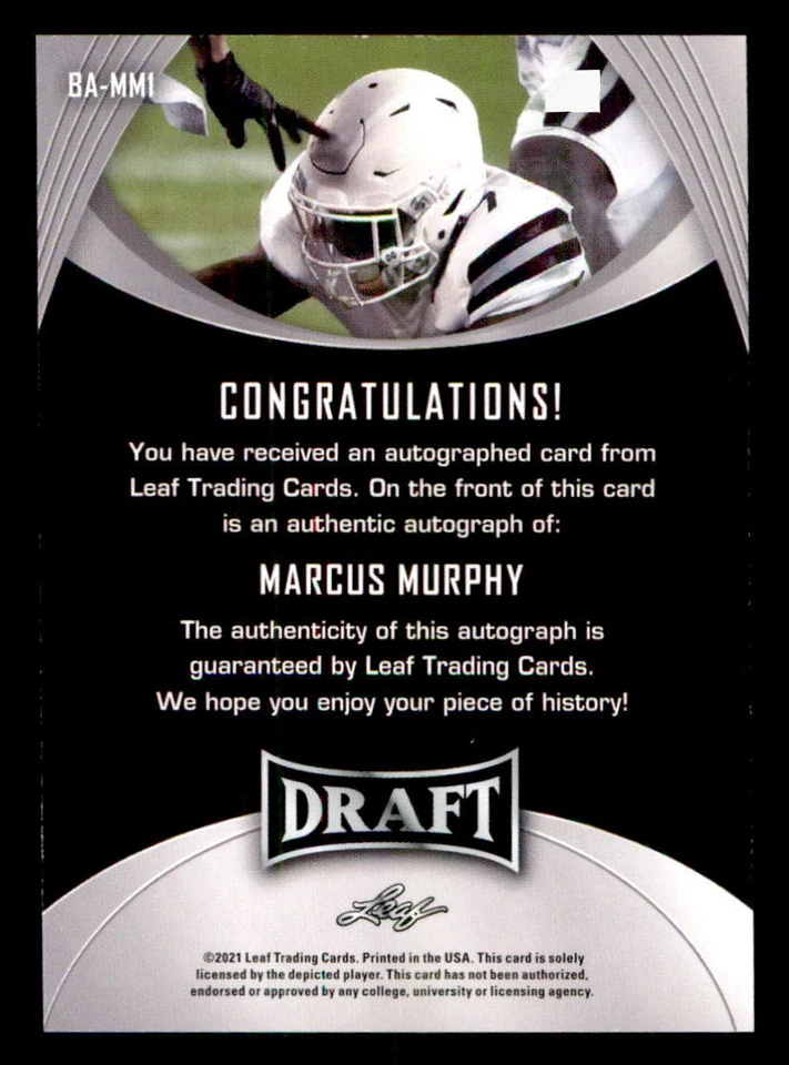 2021 Leaf Draft AUTO #BAMM1 Marcus Murphy (ref 225500) - Image 2 of 2
