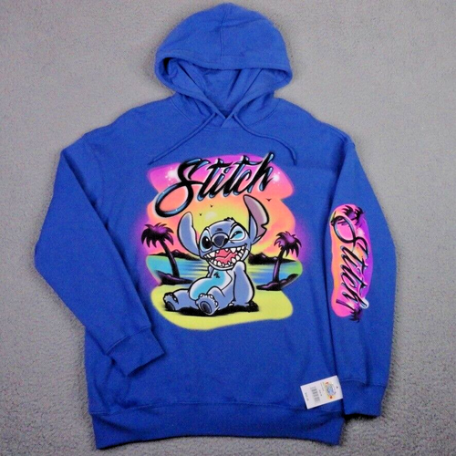 Disney Lilo & Stitch Hoodie Mens Medium Blue Airbrush Graphic Sweatshirt NWT New