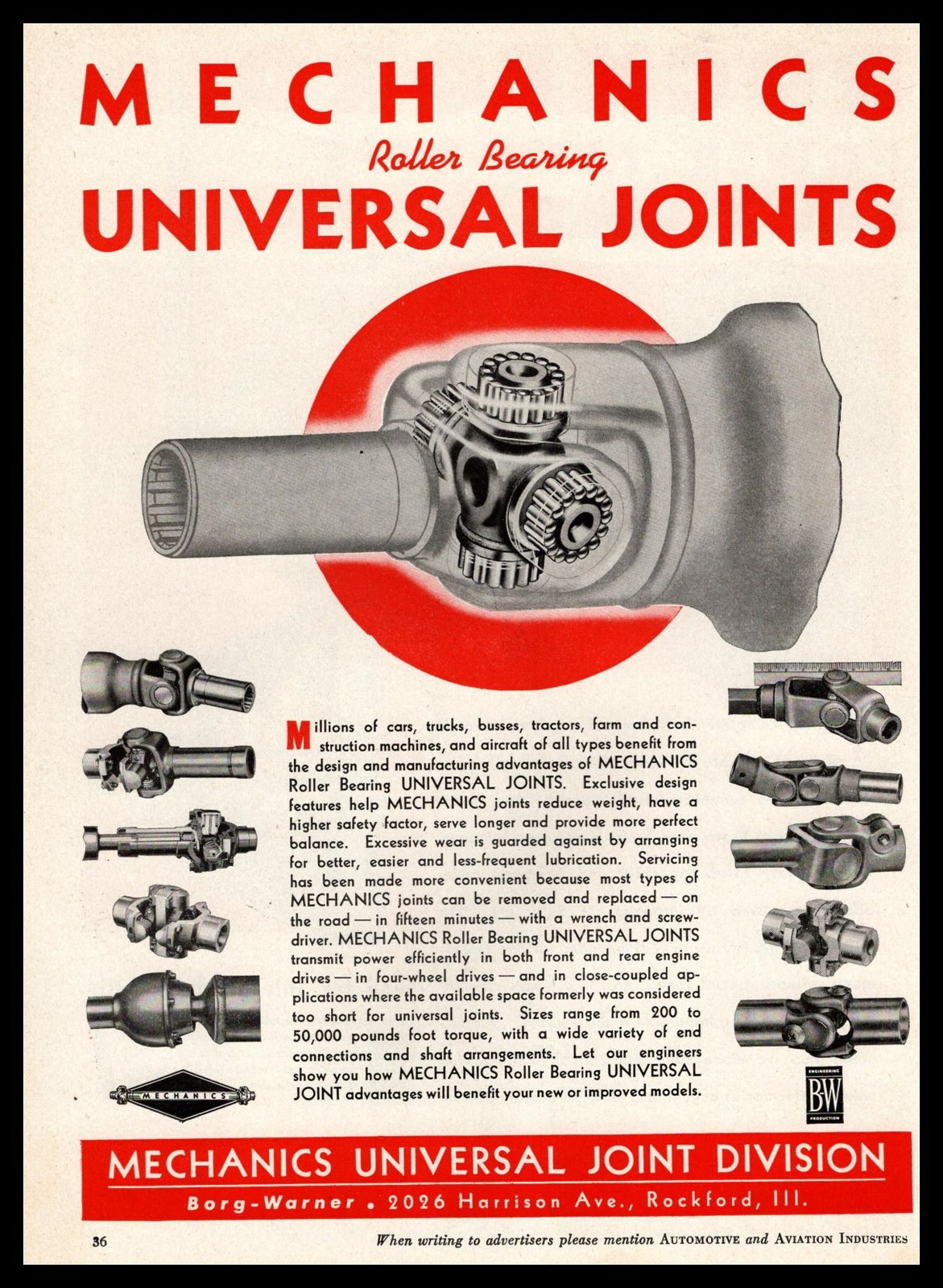 1947 Mechanics Roller Bearings Universal Joint Division Rockford IL