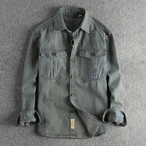 Garngefärbt Streifen Stoff gewaschen Retro Workwear Jeanshemd Herren Freizeithemd - - Bild 9 von 21