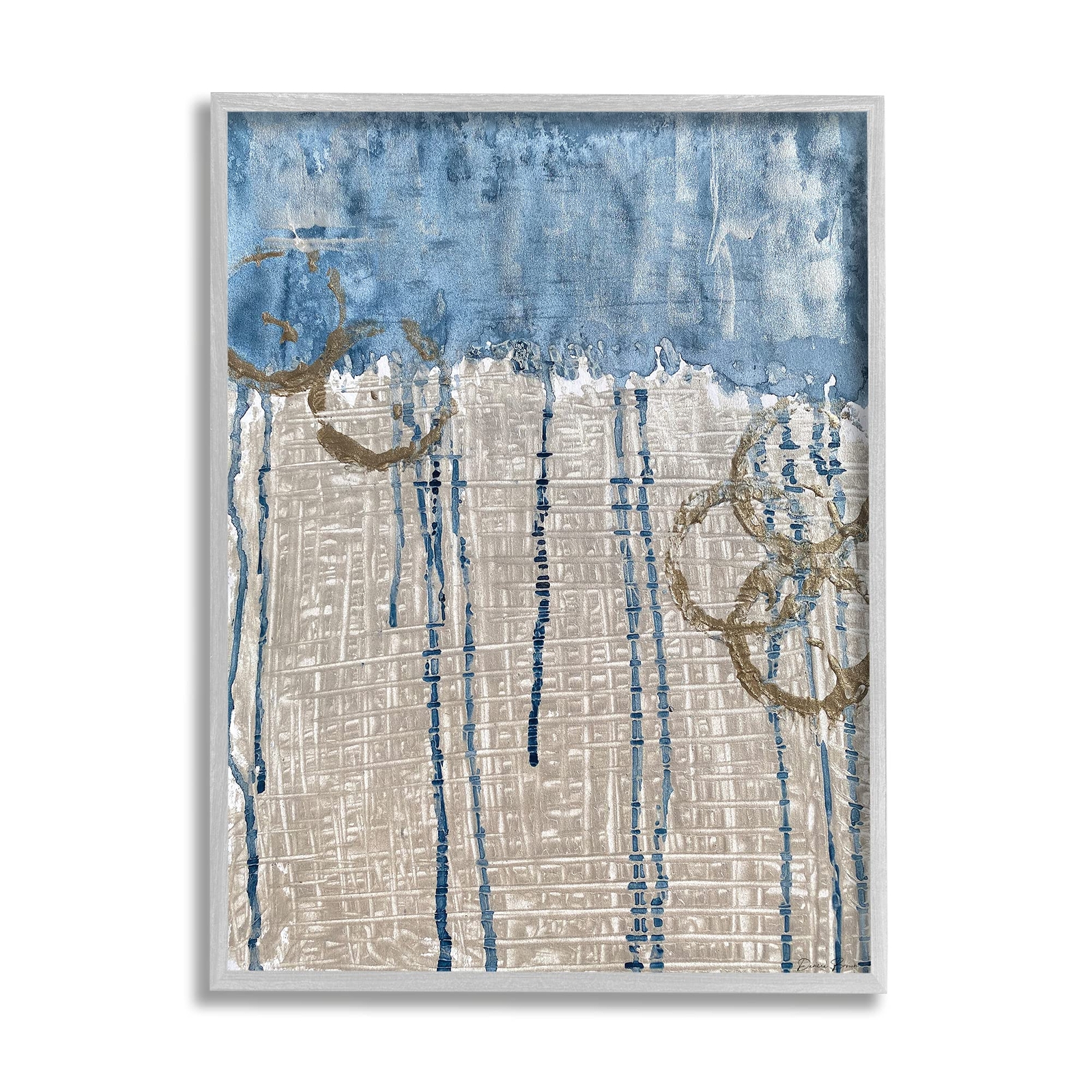 Abstract Blue Dripping Over Whicker Style Grid, Designed by Denise Brown Gray...