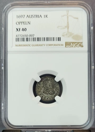 1697 AUSTRIA SILVER 1 KREUZER 1K OPPELN HOGMOUTH NGC XF 40 RARE TOP POP 1