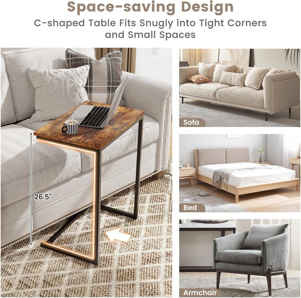 CShaped End Table, Vintage Accent Couch Table with HeavyDuty Metal