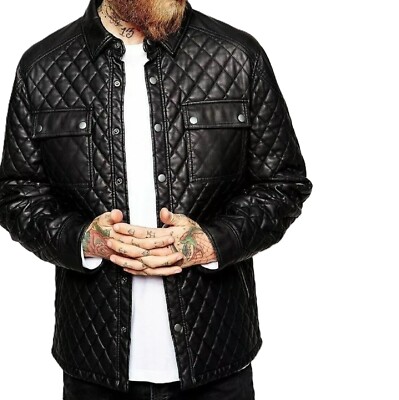 Herren 100 % echtes Lammleder komplett gesteppt schwarz Jacke Knopfleiste kom...