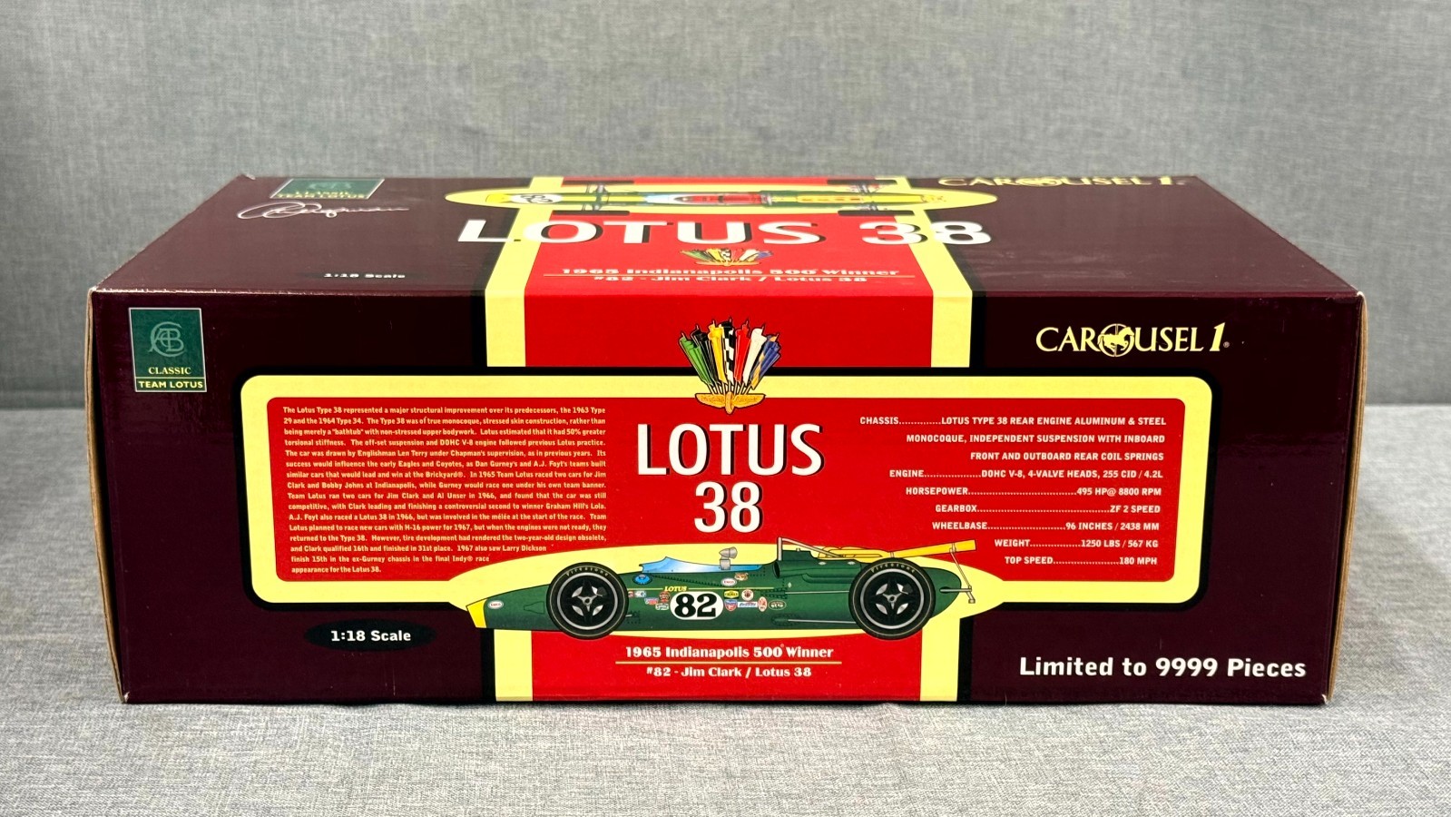 1:18 CAROUSEL 1 race car #82 LOTUS 38 JIM CLARK 1965 Indy 500 Winner #5201