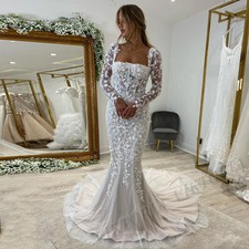 Mermaid Wedding Dresses Court Train Lace Appliques Long Sleeves Square Collar