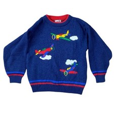 VTG Boys Plaid Moose Sweater Size L 7 Airplane Design Blue