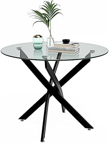 Round Dining Table 80cm Black Metal Legs Tempered Glass Modern Kitchen