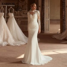Elegant Mermaid Wedding Dresses Lace Appliques O-Neck Long Sleeves 2 in 1