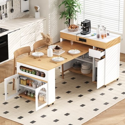 Extendable Dining Table with Removable Leaves Mobile Rolling Farmhouse