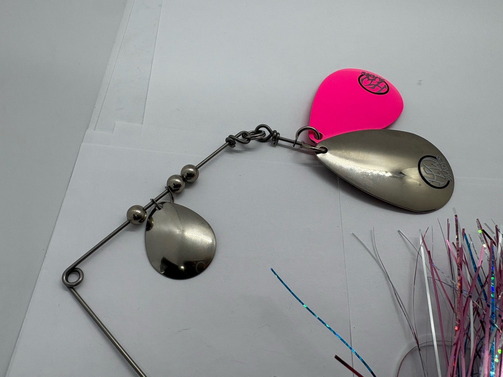 12” Hardwired Blades Cotton Candy Tinsel Spinnerbait Musky Lure - Image 3