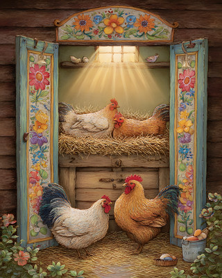 8x10 Cozy Storybook Chickens in Barn Art Print Classic Illustration - 145502786