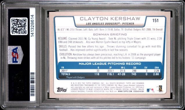 2012 Clayton Kershaw Bowman Silver Ice #151 Dodgers Graded PSA 9 MINT view 2