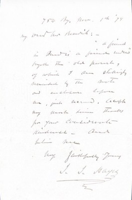 1874 ARCTIC EXPLORER ISAAC I HAYES HANDWRITTEN SIGNED LETTER PROVERB