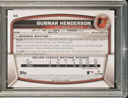 2023 Bowman Rookie /150 Blue Border #65 Gunnar Henderson RC SP BAL -PAPER- PSA 8 view 5
