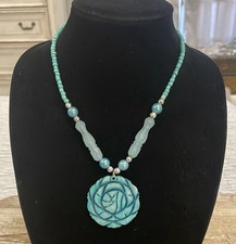 Southwestern Style Faux Turquoise Carved Flower Pendant Beaded Necklace
