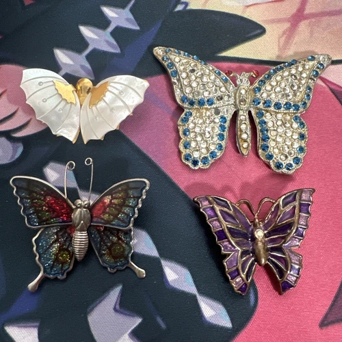 Lot of 4 Vintage Butterfly Brooches Enamel Rhinestone Costume Jewelry