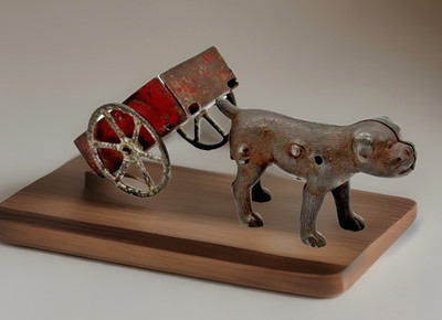 TIGE Buster Brown Cast Iron Pitbull Dog by Kenton Hubley c.1900 w/Wagon